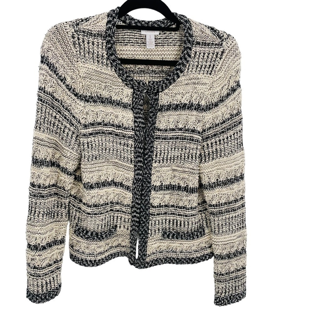 Chicos Cream & Black Chunky Cable Knit Blazer Cardigan - Chico Sz 1= Sz M/8